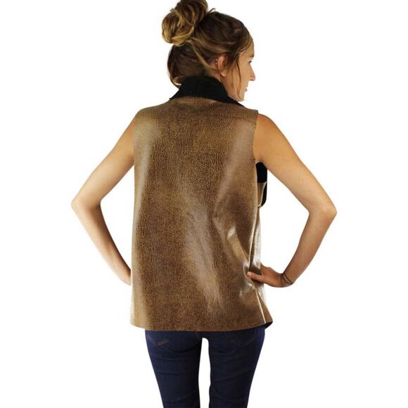 Vegan Leather Fur Lined Vest With Collar - Picture 8 of 8